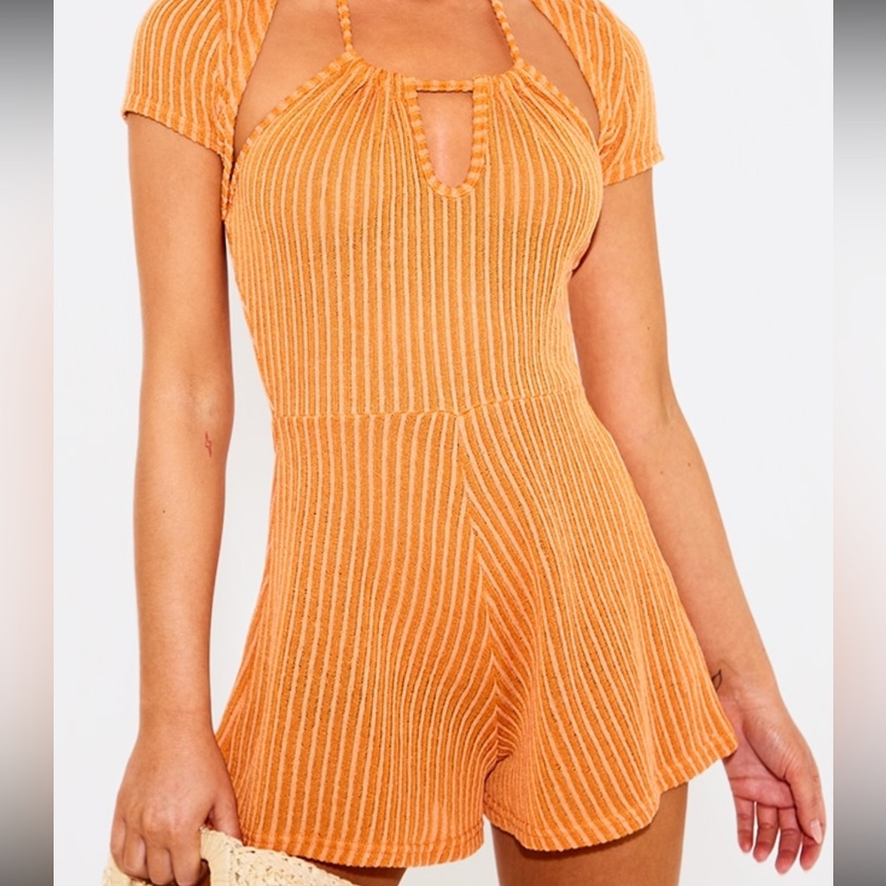Orange textured rib short sleeve halter strap romper